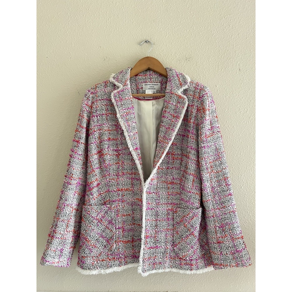 Helene Berman London Women's Small Pink Multi Boucle Tweed Fringe Blazer Jacket